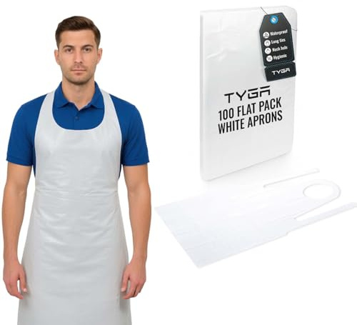 TYGA Store Einweg-Schürzen, Weiß, 100 Stück, für Medizin, Reinigung, Malen, Friseure, Backen und Köche – PSA (weiß) (flach verpackt, 100 Stück)