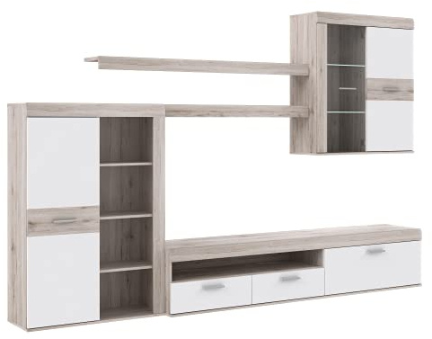 FORTE Paul Wohnwand mit 3 Türen, 1 Glastür und 2 Schubkaesten, Holzwerkstoff, Sandeiche + Weiß, 201 x 300 x 41 cm