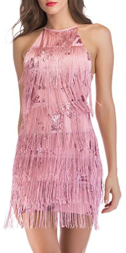 HAHAEMMA Damklänning, halterneck, tofs, 1920-talet, fransklänning, med hållare, Great Gatsby, Cocktail-party, flapper, klänningar, karneval, fransar, dam, kostym, klänning, ROSA, M