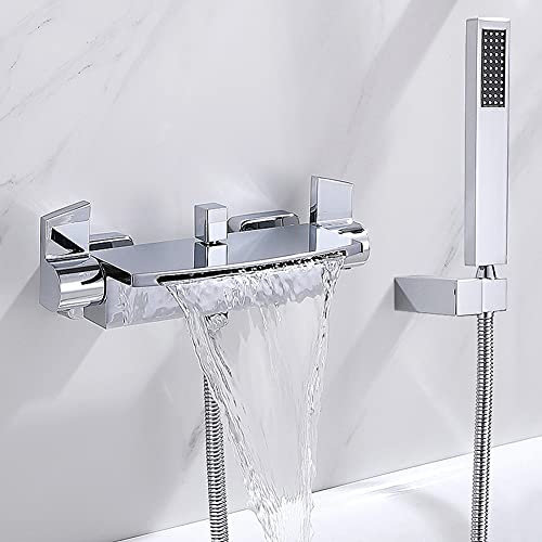 Gx Rubinetto Vasca Bagno Cascata con Doccetta, Ottone Cromato Due Maniglie Rubinetto Miscelatore Vasca A Parete con Supporto E Tubo da 150Cm, Sistema Doccia