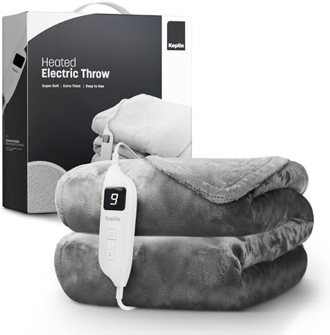 KEPLIN Large Electric Heated Throw Blanket - Electric Heated Blanket Throw for Bedspread 9 Heat Settings & Timer, Machine Washable Fleece Wool Duvet with 1 Year Warranty - Grey