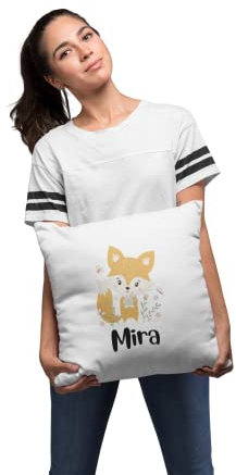 Sambosa Kinder Kissen Personalisiert mit niedlichem Fuchs Motiv und Wunschname - individuelle Geschenke Kissenbezug Kissenhülle Kind Geburtstag Junge Mädchen Geschenkidee