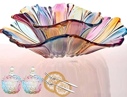 JUNYFFF Obstschale Glasschalen Buntes Obstteller, Mit Deckel Bonbonglas Keksdose Behälter (Obstteller * 2, Bonbonglas * 2),A