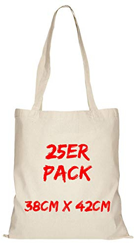 TEXXILLA Baumwolltasche - 25er Pack | Natur | mit Zwei Langen Henkeln | 38x42cm | Jutebeutel | Einkaufstasche | unbedruckt