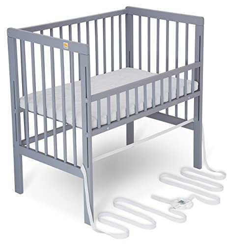 FabiMax Baby Beistellbett für Boxspringbett, TÜV geprüft 2022, Buche massiv grau, inkl. Matratze Comfort