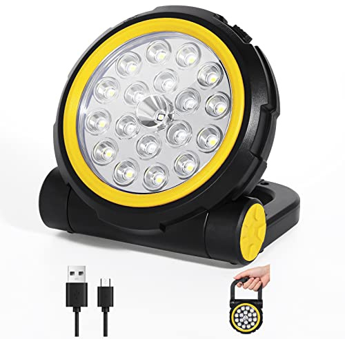 AGM Foco Led Recargable, Foco Led Bateria con Modos de Pánico y Parpadeo, Luz de Trabajo, 180 ° Giratorio, Adsorción Magnética, IP55 Impermeable, 19LED 800LM, para Acampar, al Aire Libre（Amarillo）