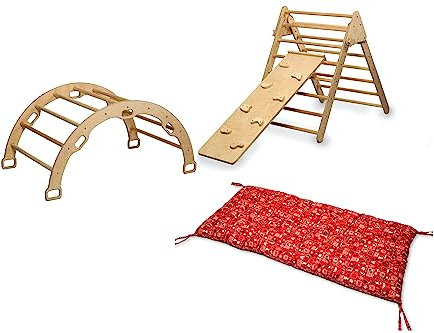 Montessori Kletterset | Kletterdreieck Kletterbogen & Felswand Rampe | Kletterbogen mit Kissen | Holz Kletterset mit Kissen | Holz Groß Klettergerüst Set mit Rampe und Kissen (Xmas)