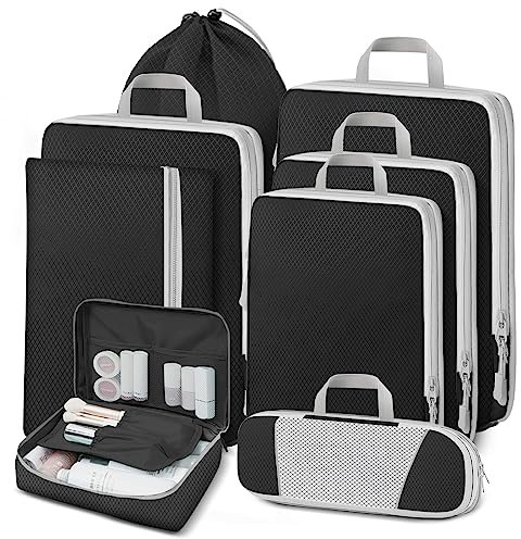 Lannvan Koffer Organizer Set 8 Teilige,Platzsparendes Packing Cubes Compression,Ultraleichte Packwürfel mit Kompression,Wasserfester Travel Organizer Packtaschen für Koffer,Rucksack und Gepäck,Schwarz