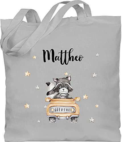 Geschenk mit Namen personalisiert by Shirtracer - Baumwolltasche - Tiere - Süßer Waschbär Rennfahrer Motiv Baby