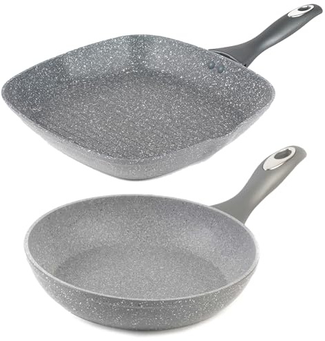 Salter COMBO-8601A Frying Pan & Griddle Set, Non-Stick Kitchen Pans, Induction Hob Suitable, Forged Aluminium, Grill and Sauté Steak/Fish/Meat/Vegetables, Marblestone Collection, 28 cm, Grey