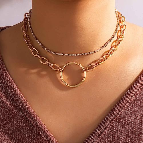 Wendalern Gold Kreis Choker Halskette Geschichtet Büroklammer Link Kette Halskette Schichtung Geometrische Kette Ring Anhänger Halskette Kristall Kette Tennis Halskette Schmuck Für Frauen Mädchen