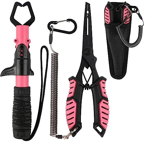 mouhike Fishing Pliers Fish Lip Gripper Fishing Tool Kit Muti-Function Saltwater Fishing Line Cutter Hook Remover with Sheath Lanyard, Fly Ice Fishing Gear Fishing Gifts for Men Women (Pink & Black)