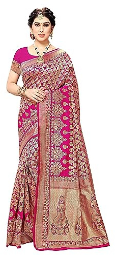 Yashika Sari tendance Banarasi Kanjivaram en soie pour femme, bleu marine, avec chemisier, Rose, taille unique