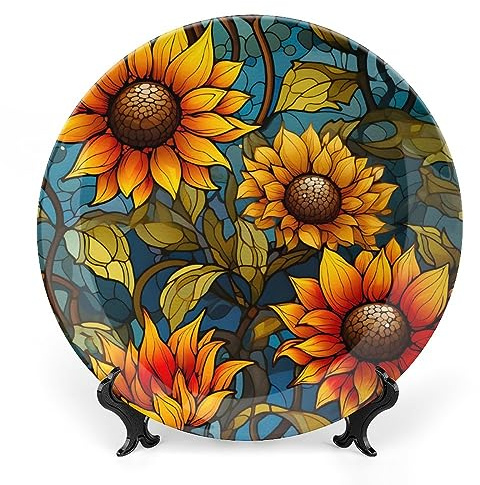 Gokays Decorative Plates, Fall Flowers Stained Glass Painting Ceramic Dinner Plate Home Wobble-Plate with Display Stand, Wall Hanging Decor for Kitchen Household 8 Inch, Gifts for Sunflower Lover