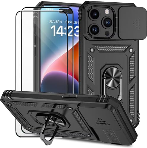 Dechyi Cover per Iphone 15 Pro Max 6.7 Pollici con Vetro Temperato Custodia con Scorrevole Protezione Fotocamera Custodia Rotante Anello Supporto Antiurto TPU Bumper Custodie-Nero