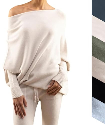 Hanaoni Asymmetric Draped Jumper Baggy Sweater, Oversized Cowl Neck or Off The Shoulder Sweater for Women Ultra Soft Knitted Jumper, Casual Asymmetric Pullover Knit Top Beige
