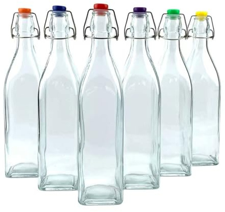 Lucente 1L Vintage Style Clear Square Shaped Bottles with Assorted Colour Swing Top Lids