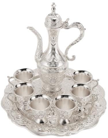 BEIJIALY Weinglas-Krug-Set aus Metall, Weinglas-Topf-Set aus Legierung, Weinkaraffe und Gläser-Set, Rostfrei, Exquisites Dekoratives Vintage-Kaffeekannen-Set mit Tablett für Party, Hochzeit(Silber)