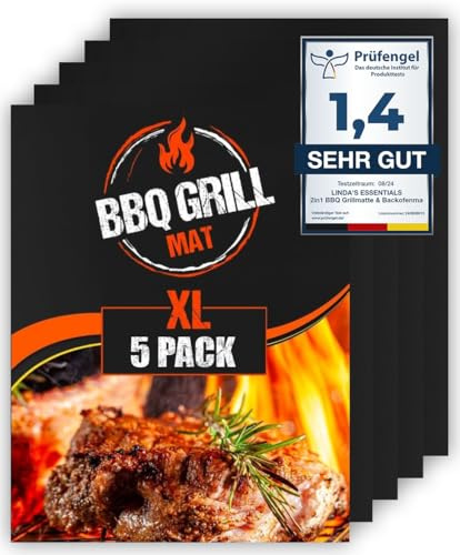 Große BBQ Grillmatte von Linda's Essentials (5er Pack) 40x32cm - Wiederverwendbare, hitzebeständige Grillmatten für Holzkohle, Elektro und Gasgrill, Teflon Grillmatte, Grillfolie, Grill Zubehör