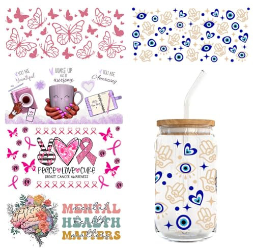 LICHENGTAI UV DTF Transfer Sticker, 5 Blätter Rub on Sticker Transferaufkleber für Glasbecher Wasserfeste DTF Cup Wrap DTF Becherverpackung Abziehbilder für Glasmöbel Handgefertigtes Kunsthandwerk