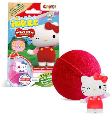 INKEE Hello Kitty – Bomba da bagno per bambini con sorpresa – 1 di 6 personaggi Hello Kitty da collezionare – Palla da bagno 80 g con aroma di anguria e olio di jojoba, rosa o rosso