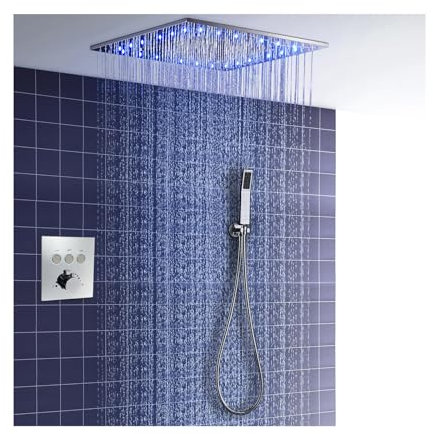 SWHC Duschsystem mit Thermostat, LED Unterputz Duscharmatur Set Duscharmatur Komplettset 2 Funktionen Dusche Regendusche Set Messing Duschgarnitur mit 50cm Regendusche, Handbrause