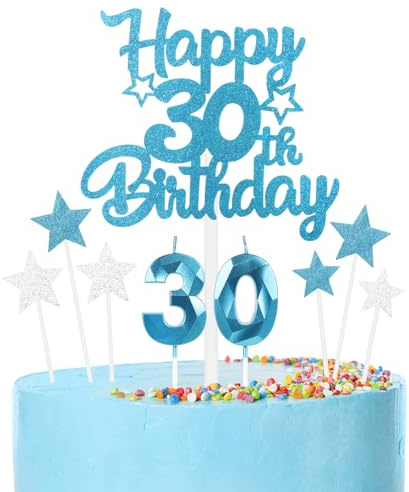 Blue 30th Birthday Candles & Cake Toppers Set - Blue Number 30 Candle, Silver Cake Decorations - Happy Birthday Toppers for Girls, Boys, Women & Men - Party Decorations