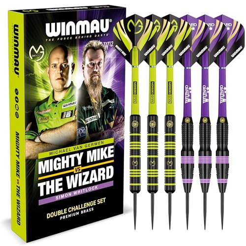 WINMAU Darts Michael „MvG“ Van Gerwen gegen Simon „The Wizard“ Whitlock | Doppelset | 22 g Steeltip-Messing-Dart-Set mit Flights und Schäften (Schäfte)
