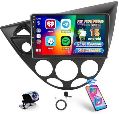 Hikity 2+64G Android 15 Autoradio für Ford Focus MK1 1998-2004, 9'' | Wireless Carplay Android Auto, Linkslenker, Touchscreen, GPS Navi Bluetooth WiFi, RDS FM MIC Rückfahrkamera