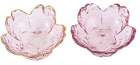 CIYODO 2pcs Pink Cherry Blossom Glass Sauce Dishes Small Seasoning Saucer Gold Rim Japanese Style Condiment Plates for Kitchen Dining