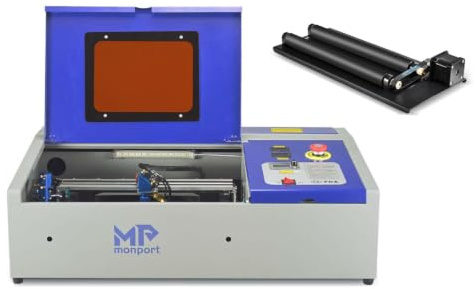 Monport 40W CO2 Laser Graviermaschine mit Rotary, 300x200mm Kommerzieller Lasergravierer Laser Gravurmaschine mit Luftunterstützung, CO2 Laser Cutter für Metall, Silver, Leder,Mood