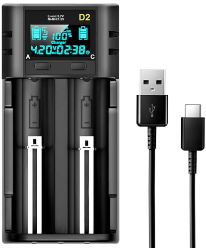 Swanlake 18650 Battery Charger,2 Bay Intellicharge LCD Display Charger for Rechargeable Batteries Li-ion NI-MH NI-Cd AA AAA C 21700 26650 18650 18350 18700 13650 16340 RCR123