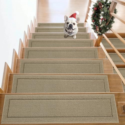 JSEI Non-Slip Stair Treads for Wooden Steps Indoor, 15 Pack 20.32x76.2 cm Edging Stair Rugs with TPE Backing, Carpet Stair Treads for Kids Elders & Pets, 100% Polyester Soft Stair Runners, Beige