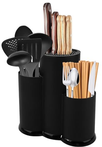 WANDGU Ceppo portacoltelli 3 in 1, senza coltello: 23 x 22 cm, nero, universale, rotondo, portacoltelli vuoto, portacoltelli, posate da cucina, adatto per coltelli da cucina