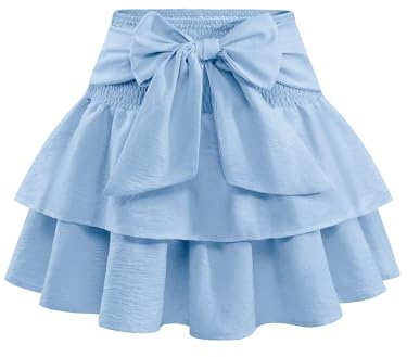 Timormode Women's Girls Bow Mini Skirt Flowy High Waisted Ruffle Hem Short Skirts Cute Boho Lightweight Layered Skater Skirt Perfect for Summer Beach TMS8005 Blue XL