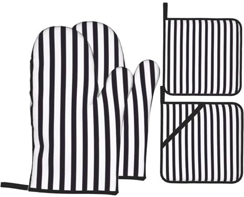 Set di 4 guanti da forno e presine a righe bianche e nere, isolanti, antiscivolo, guanti da forno per cucinare, cuocere al forno, grigliare