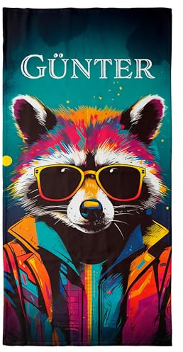 Handtuch mit Namen Pop-Art-Tiere – Ein einzigartiges, bedrucktes Handtuch als persönliches Geschenk. Pop-Art-Animals, Geschenke für Freundinnen, Freunde und Partner! (Waschbär, 50 x 100 cm)