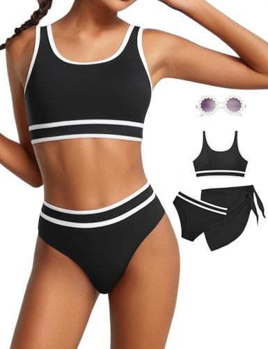 Badeanzug für Teenager-Mädchen, hohe Taille, sportlicher Bikini, Badeanzüge mit Rock und Sonnenbrille, 4-teiliges Set, 8–15 Jahre, Schwarz, 10-11 Jahre