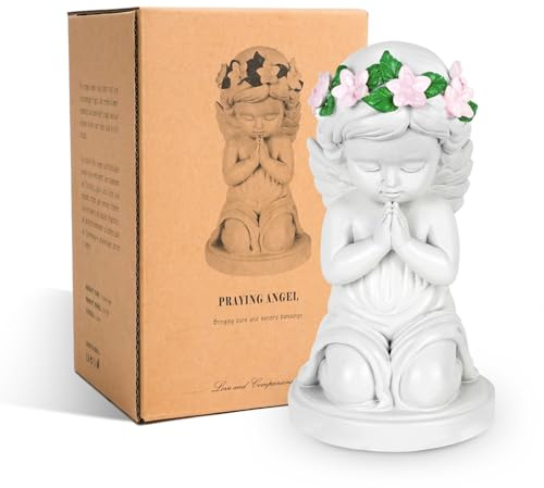DIBALIYI Statues de Jardin, Ange Decoration Exterieur, Statue d'ange Priant Étanche avec Fleurs, Sculpture Lanterne Funeraire pour Cimetière, Deko Liebe, Beige