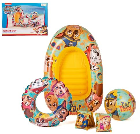 Paw Patrol Ensemble de natation gonflable | Brassards, bouée, ballon de plage et bateau gonflable | Ensemble portable de vacances, piscine, plage, fête d'été pour enfants | 3 ans et plus