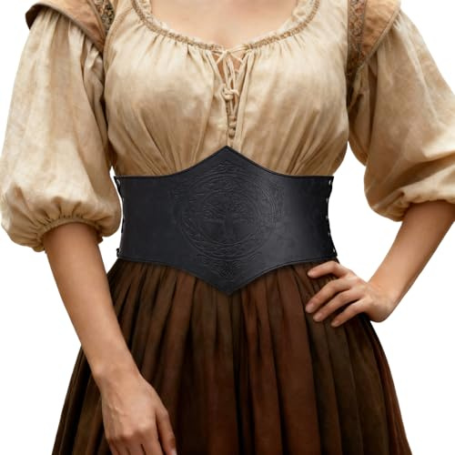 HiiFeuer Mittelalterliche Frauen Kunstleder Korsett Gürtel, Renaissance Unterbrustkorsett Einstellbare breite Taille Cincher für Ren Faire (Schwarz A)