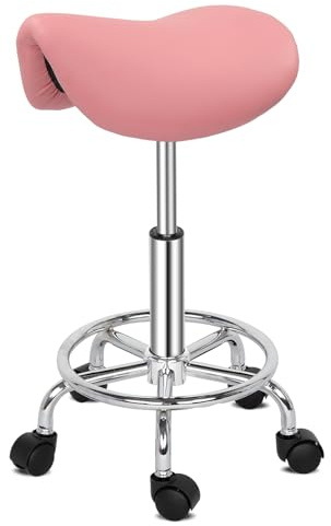 Bonnlo Adjustable Saddle Salon Stool Hydraulic Gas Lift Chair, Swivel Rolling Wheels & Ergonomic, for Hairdressing Manicure Tattoo SPA Beauty Therapy Bar Studio (Pink)
