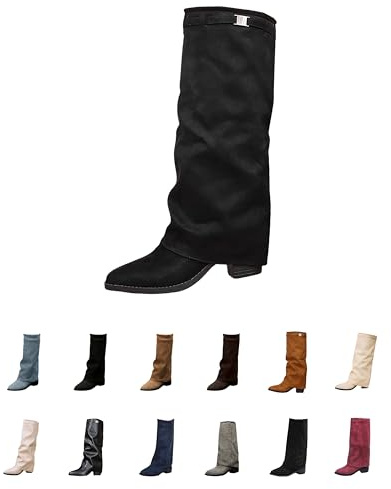 Generisch Leather Boots Women Elegant Absatz Wide Westernstiefel Fit Weitschaft Dicke Weitschaftstiefel Winter Wasserdichte Knee High Gefüttert Reitstiefel Trachtenstiefel Schwarz 36