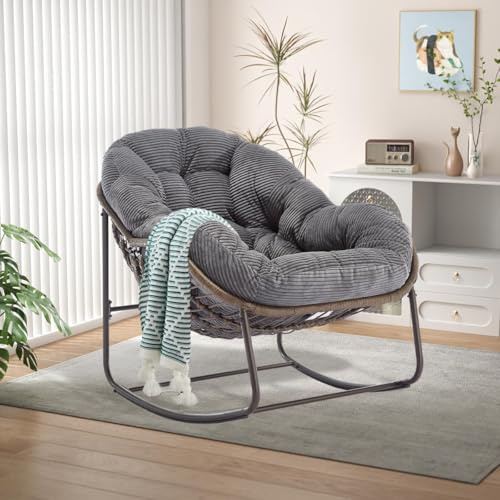 LIFEISLE Schaukelstuhl Schaukelsessel mit Rattan, Loungesessel drinnen & draußen, Ei-Schaukelstuhl für Wohnzimmer Balkon Garten Outdoor und Indoor Cord Grau