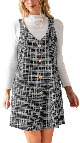CUPSHE Damen Latzkleid Plaid V-Ausschnitt Ärmellos Freizeitkleider Hahnentritt Knöpfe Trägerkleid Herbst Winter Minikleid