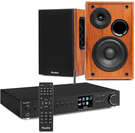 Audizio Adria DAB+ Spotify Internet Radio HiFi Streamer & KS02 Active Bookshelf Speakers – Wireless Bluetooth System, USB, RCA, Optical Out, Full Remote Control – Wood Finish