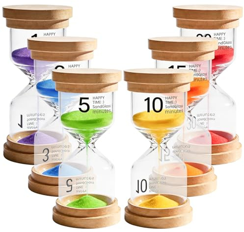 6 Stück Bunter Sanduhren Set: Bunte Sanduhren, Holzdeckel Glas, Zeitmesser Sanduhr 1/3/5/10/15/30 Minuten, Küchentimer, Klein Sanduhr Für Home Office Küche Dekoration