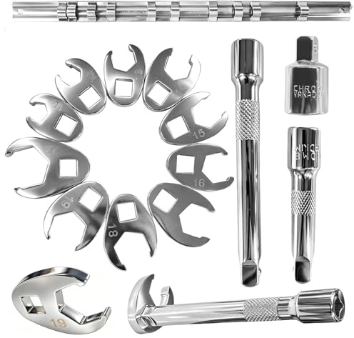 10tlg Hahnenfußschlüssel Set, 3/8 Zoll, Metrisch 10-22mm mit Verlängerungen | Hahnenfußschlüssel Drehmoment,Drehmoment Gabelschlüssel, 10 Größen, 2 Verlängerungen, Enge&tiefe Stellen, Kfz & Heimwerker