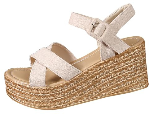 ZTFYKLIN Sandalias Mujer Vestir Comodas De Cuña Gruesa Con Y Punta Redonda Británica En Forma T (Beige, 41) Espardeñas Fucsia Trekking Verano Zapatos Confort Planas Doradas Plataforma Alpargatas