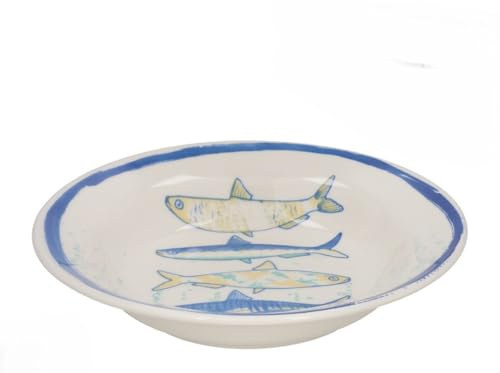 Gerimport Platos Hondos de Cerámica con Diseño de Peces, Azul y Blanco, 22 cm, Pack de 6, Estilo Mediterráneo
